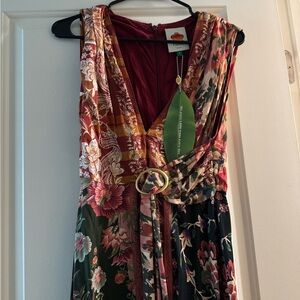 Farm Rio Floral V-Neck Dress in Burgundy and Green Small